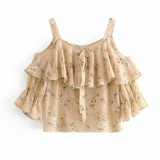 Off-shoulder Floral Ruffle Trim Crop Tank Top
