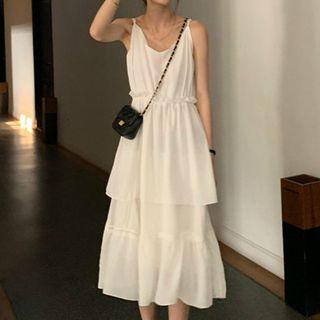 Plain V-neck Suspender Cake Dress