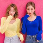 Scoop-neck Long-sleeve Sheer T-shirt