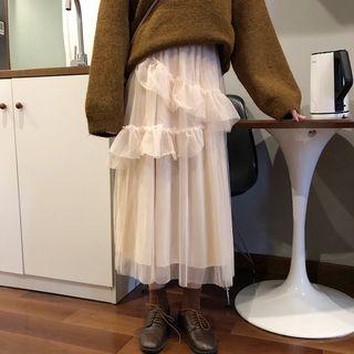 Ruffle Trim Midi A-line Mesh Skirt
