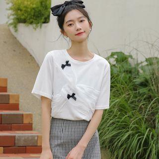 Elbow-sleeve Ribbon T-shirt White - One Size