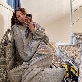 Set: Multicolor Logo-embroidered Fleece Sweatshirt + Wide-leg Pants