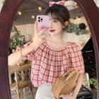 Set: Short-sleeve Plaid Blouse + Hair Tie Blouse & Hair Tie - Plaid - Pink - One Size