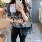Puff-sleeve Contrast Collar Check Blouse