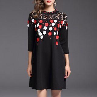 Floral Embroidered 3/4-sleeve Loose-fit Crewneck A-line Cutout Sheath Dress
