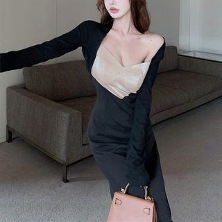 Spaghetti Strap Two-tone Panel Midi Bodycon Dress / Cardigan