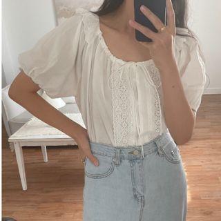 U Neck Lace Ruffle Puff Short Sleeve Shirt White - One Size