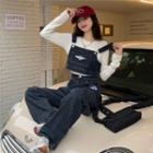 Long-sleeve T-shirt / Letter Embroidered Wide Leg Denim Dungaree