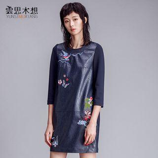 Bird Embroidered 3/4 Sleeve Mini Dress