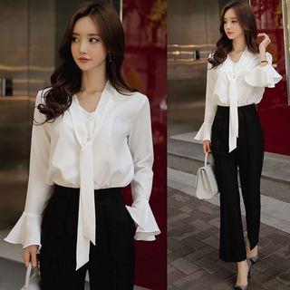 Tie Neck V-neck Long Sleeve Blouse