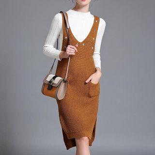 Set: Mock Neck Knit Pullover + Sleeveless Knit Dress