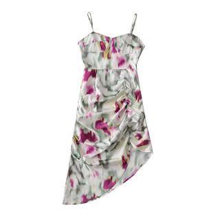Spaghetti-strap Tie-dyed Drawstring Asymmetrical Mini Bodycon Dress