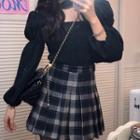 Choker-neck Blouse / Plaid Mini A-line Skirt