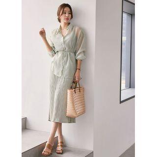 Set: Wrap-back Shirt + Sleeveless Midi Pleated Dress