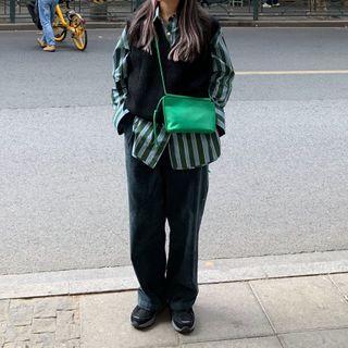 Striped Shirt / Knit Vest / Corduroy Wide-leg Pants