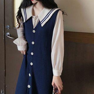 Set: Long-sleeve Shirt + Button Midi A-line Pinafore Dress