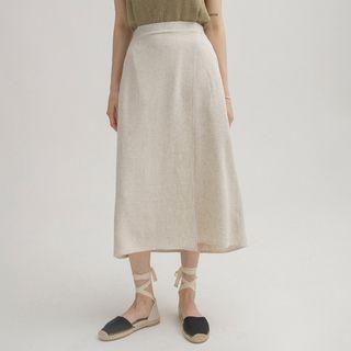 Wrap-front Long A-line Skirt Oatmeal - One Size