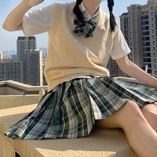 Set: Short-sleeve Shirt + Plaid Pleated Mini A-line Skirt + Bow Tie