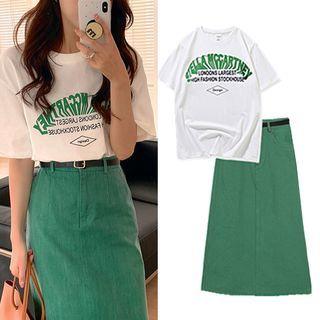 Short-sleeve Lettering T-shirt / Denim Midi A-line Skirt / Faux Leather Belt / Set