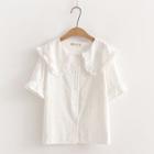 Short-sleeve Wide Collar Frill Trim Blouse White - One Size