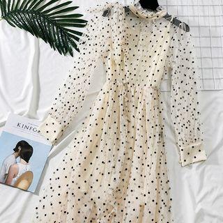 Ribbon-shoulder Ruffled Dotted Mesh Dress