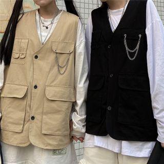 Front Pocket Chain-accent Button-up Vest