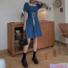 Puff-sleeve Lace-up Mini A-line Denim Dress