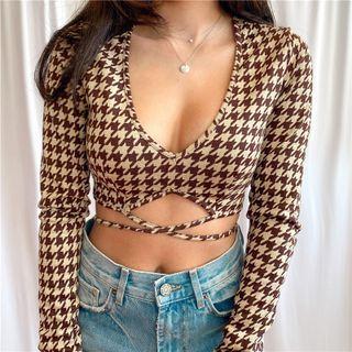 Long-sleeve Houndstooth Crop Top
