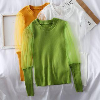 Mesh-sleeved Plain Knit Top
