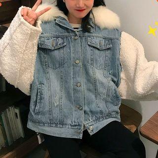 Furry-trim Denim Panel Fleece Button Jacket