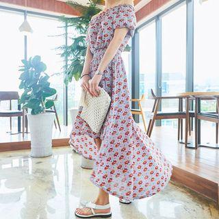 Off-shoulder Smocked-waist Floral Long Dress