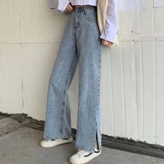 High-waist Plain Side Slit Loose Fit Straight Leg Jeans