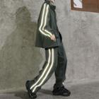 Set: Reflective Striped Zip-up Jacket + Wide-leg Pants