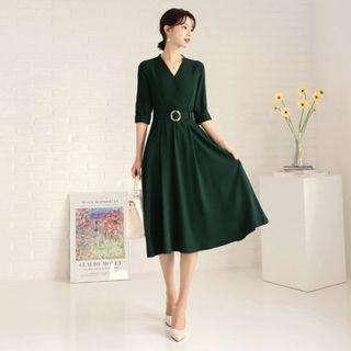 Belted Elbow-sleeve Midi Wrap Dress