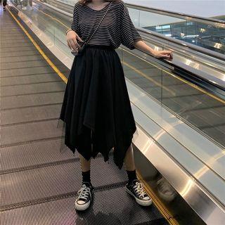 Elbow-sleeve Striped T-shirt / Asymmetric Mesh Midi Skirt