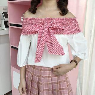 Bow Accent Off Shoulder Elbow Sleeve Blouse