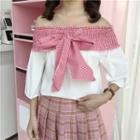 Bow Accent Off Shoulder Elbow Sleeve Blouse