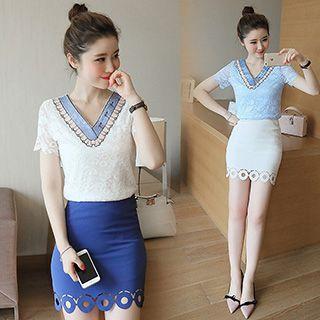 Set: Sequined V-neck Lace Short-sleeve Top + Cutout Mini Skirt