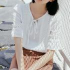 Short-sleeve Crochet Trim Chiffon Blouse White - One Size