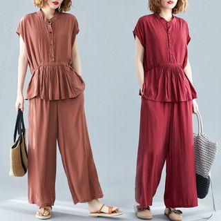 Set: Cap-sleeve Shirt + Wide Leg Pants