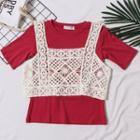 Set: Plain Short-sleeve T-shirt + Crochet Cropped Camisole Top