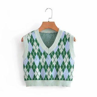 Plaid Print V-neck Knit Top Green - S