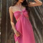 Spaghetti-strap Halter Neck Cut-out Mini A-line Dress