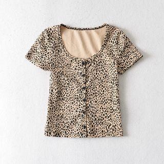 Buttoned Leopard Print Short-sleeve Top