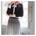 Set: Contrast-trim Cardigan With Brooch + A-line Skirt
