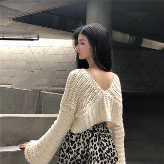 Plain V-neck Loose-fit Cropped Knit Top / Leopard Skirt