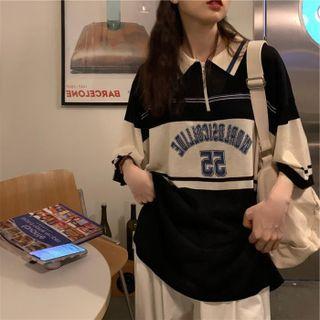 Semi Sleeve Polo Collar Color Block Top Black-almond - One Size