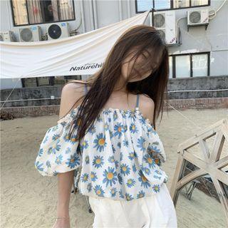 Puff-sleeve Cold-shoulder Floral Print Top