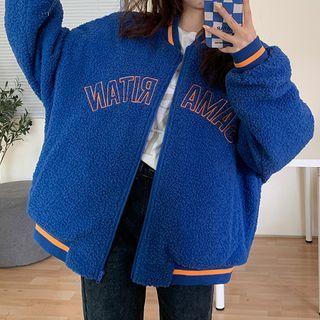 Lettering Zip-up Fleece Baseball Jacket