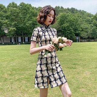 Lace Trim Plaid Short-sleeve Mini A-line Qipao